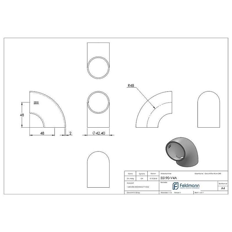Schweißbogen 90°, 42,4x2,0mm, V4A