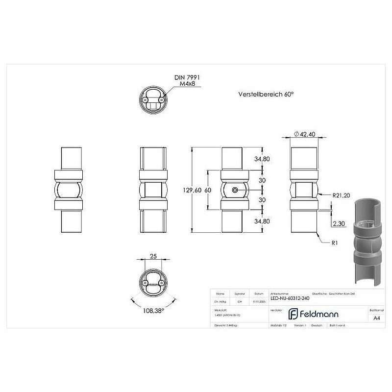Hinge connector for LED slotted tube 42.4mm, AISI304
