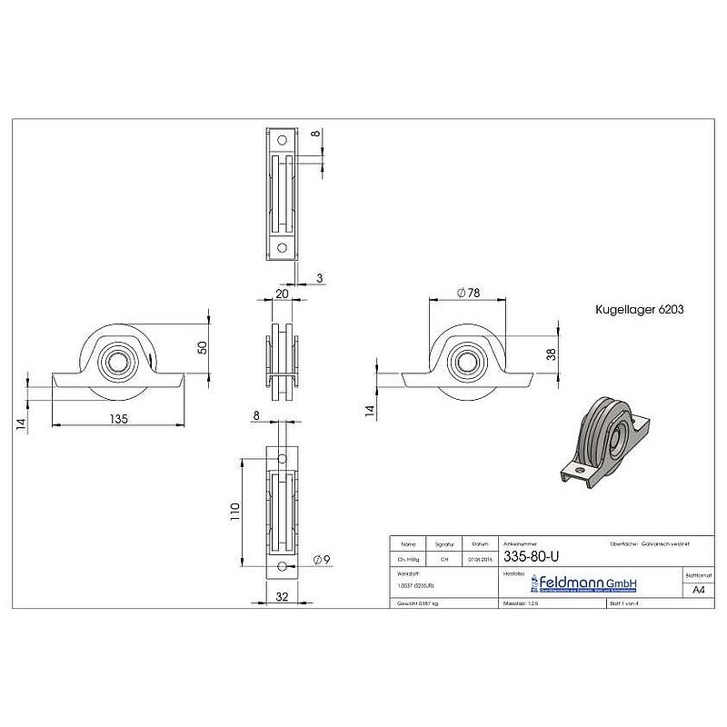 Sliding door roller 78mm with U-groove 8x8mm
