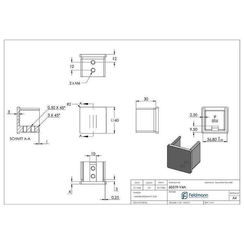 End caps, flat, for square grooved tube 40x40mm, AISI316