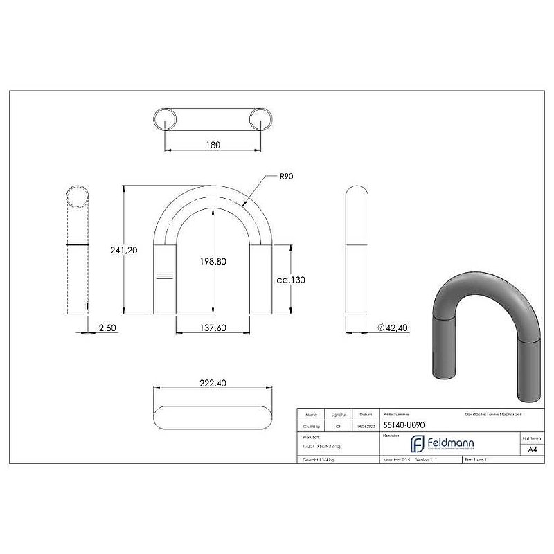 Rohrbogen 180°, aus Rohr 42,4x2,5mm, V2A