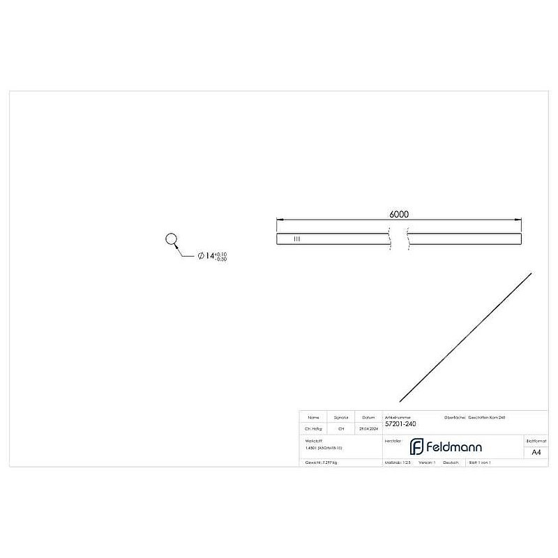 Barre ronde acier inoxydable, Ø 14mm, L: 6000mm, V2A