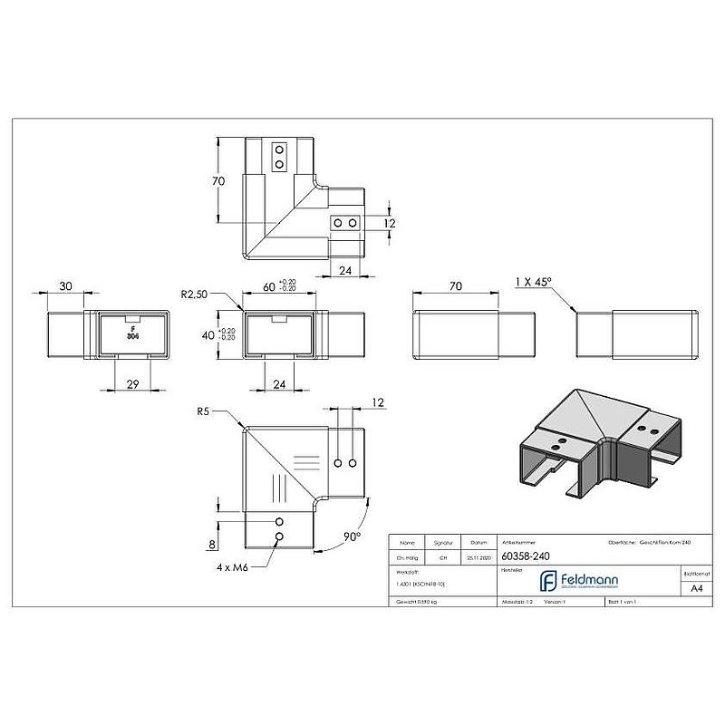 Eckbogen horizontal für Nutrohr 60x40mm, V2A