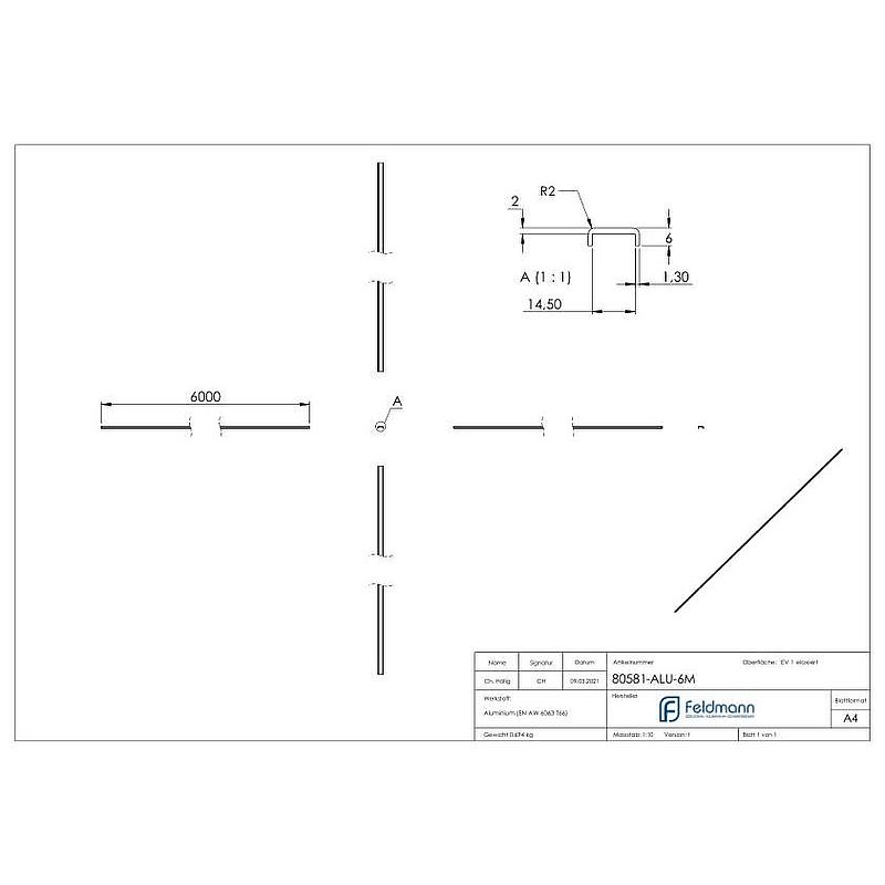 Kantenschutz EXTRA SLIM, für Glas 12,00 - 13,52mm, L: 6000mm, Aluminium E4/EV1