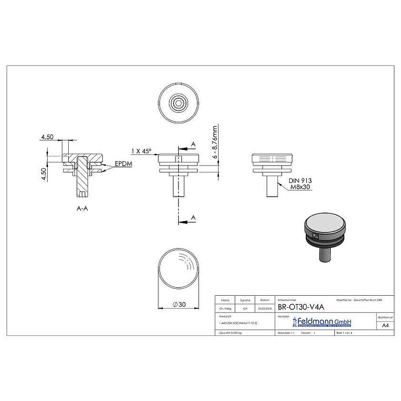 Glaspunkthalter Ø 30mm, passend zu  Brenk-Halter, V4A