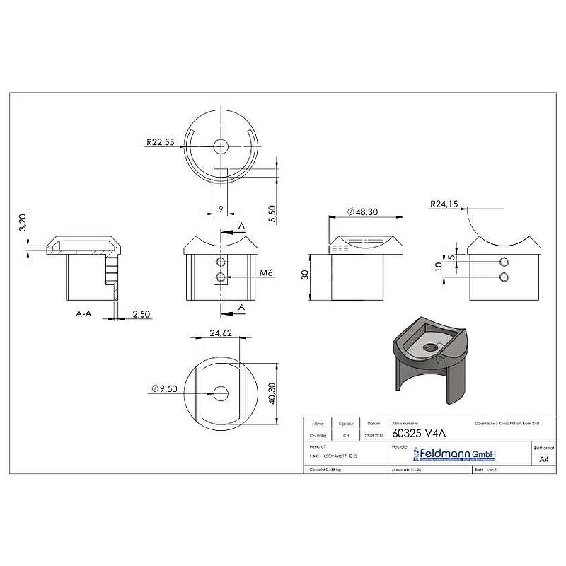 Adaptateur pour tube à fond de gorge raccord Ø 48,3mm, V4A