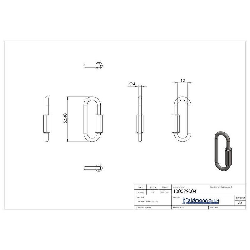Maillon rapide long, 4mm, V4A
