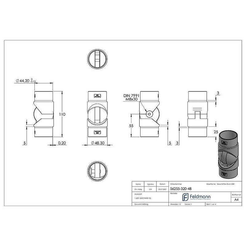 Hollow joint for cable, for tube 48.3x2.0mm, AISI304