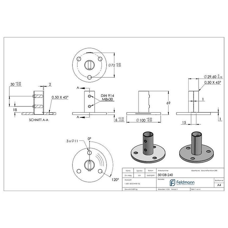 Wall and floor anchor, for tube 33.7x2.0mm, AISI304