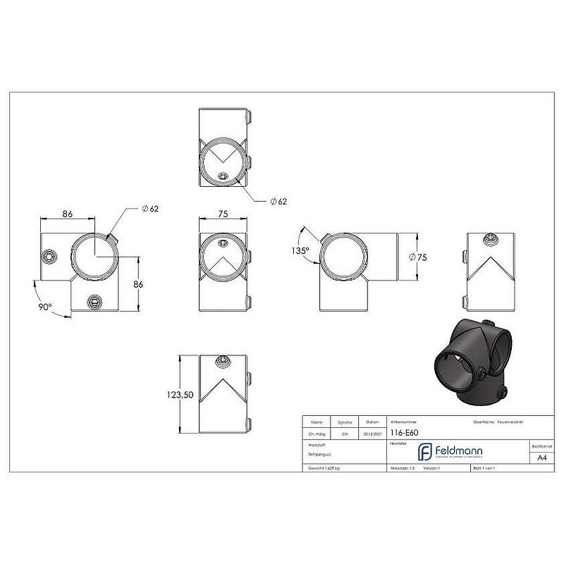 Raccord d'angle 4 sorties, pour tube Ø 60,3mm