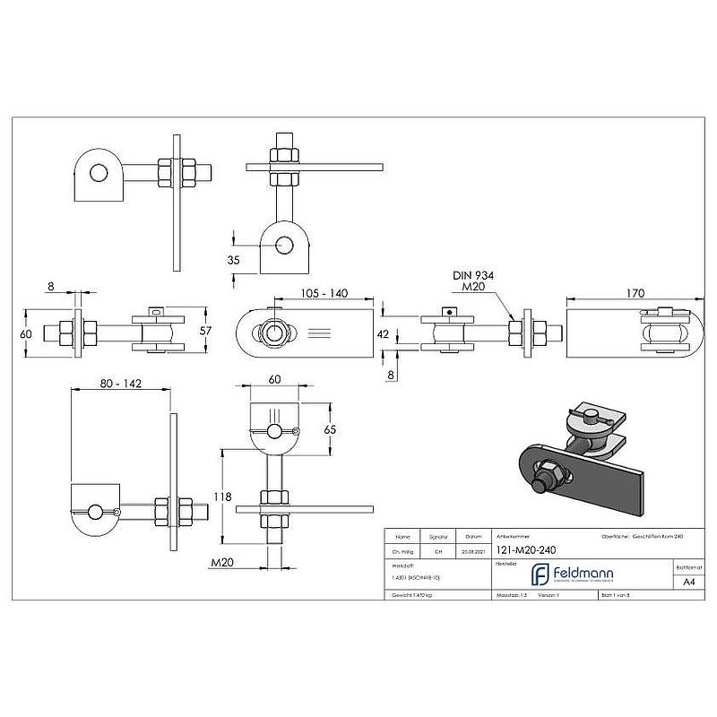 Gond 180° réglable, filetage M20, V2A