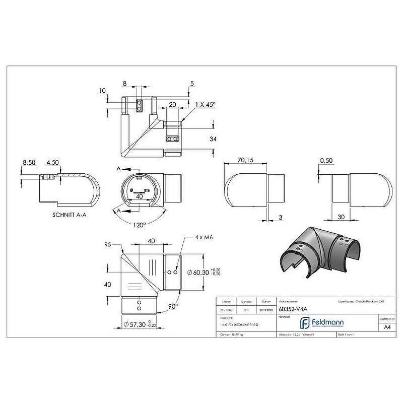Rohrverbinder 90° für Nutrohr 60,3x1,5mm, V4A