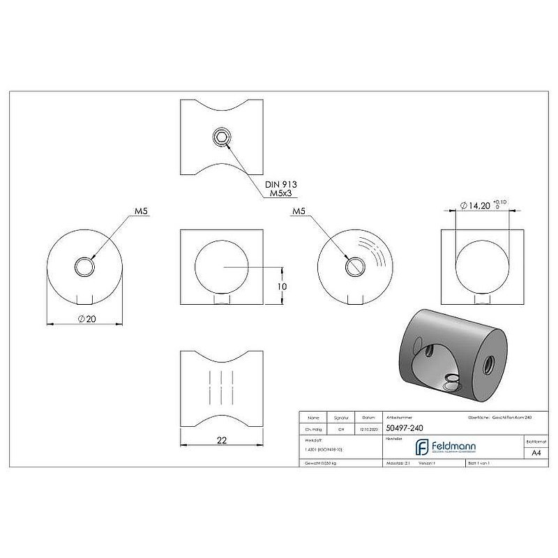 Cross bar holder (mounting between two flat bars) with 14.2 mm hole, AISI304