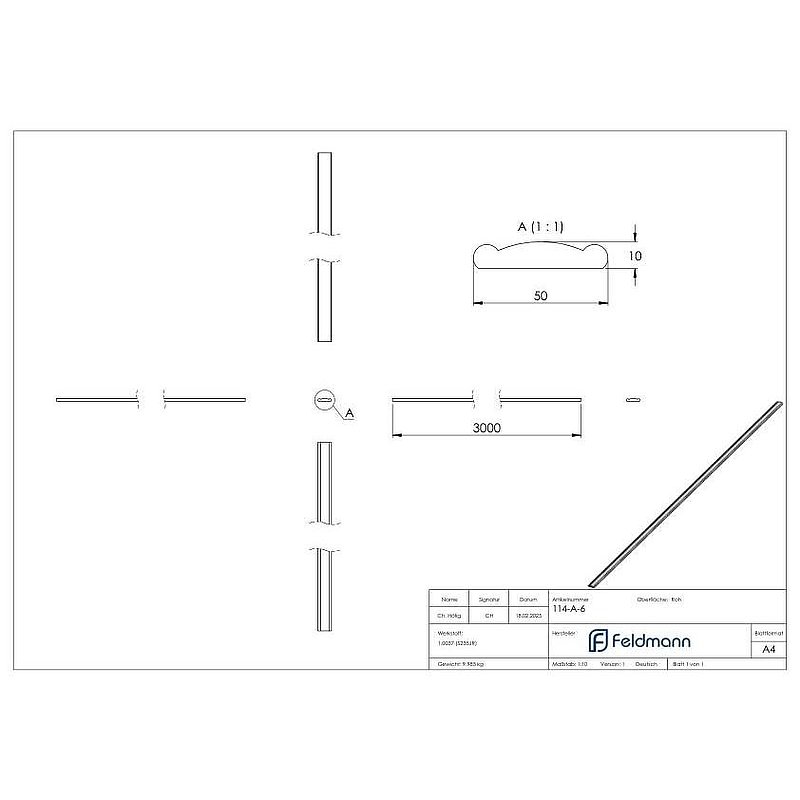 Handlauf 50x10mm, L: 3000mm