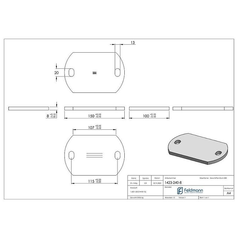 Anchor plate, 150x100x8mm, with longitudinal grinding, AISI304