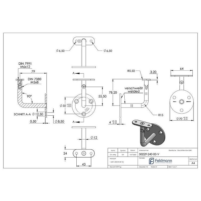 Handlaufhalter mit flacher Halteplatte
