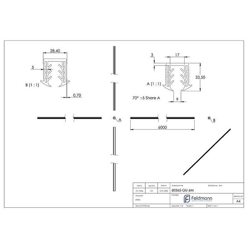 Cale caoutchouc pour verre 10,00 – 13,52mm, pour rainure 27x30mm, 6000mm
