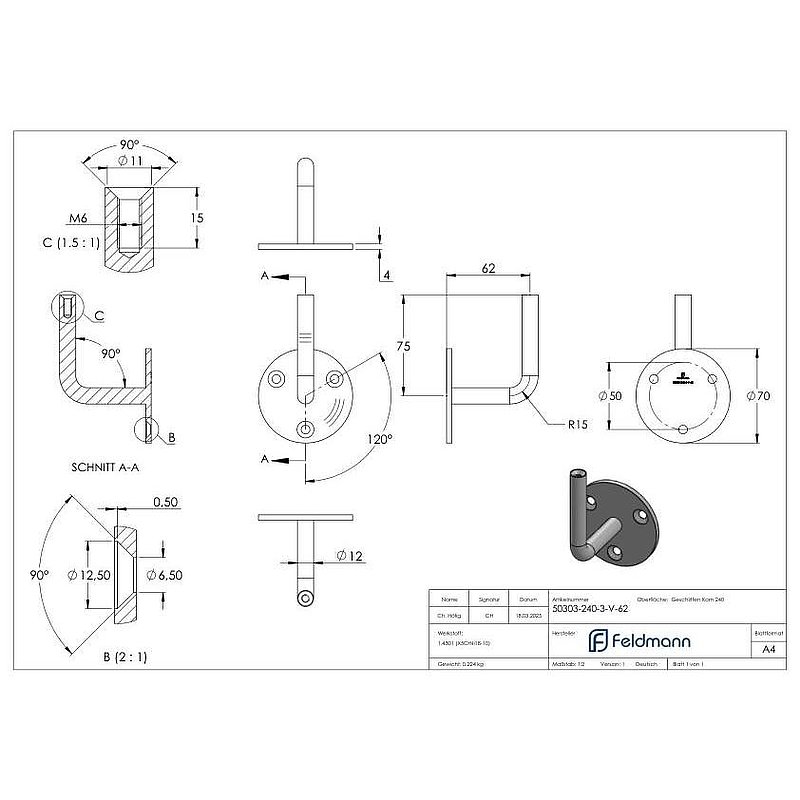 Handrail bracket with M6 internal thread at the top (disc and bracket welded), AISI304
