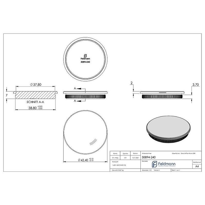 Bouchon pour extrémité de tube, pour tube 42,4x2,0mm, V2A