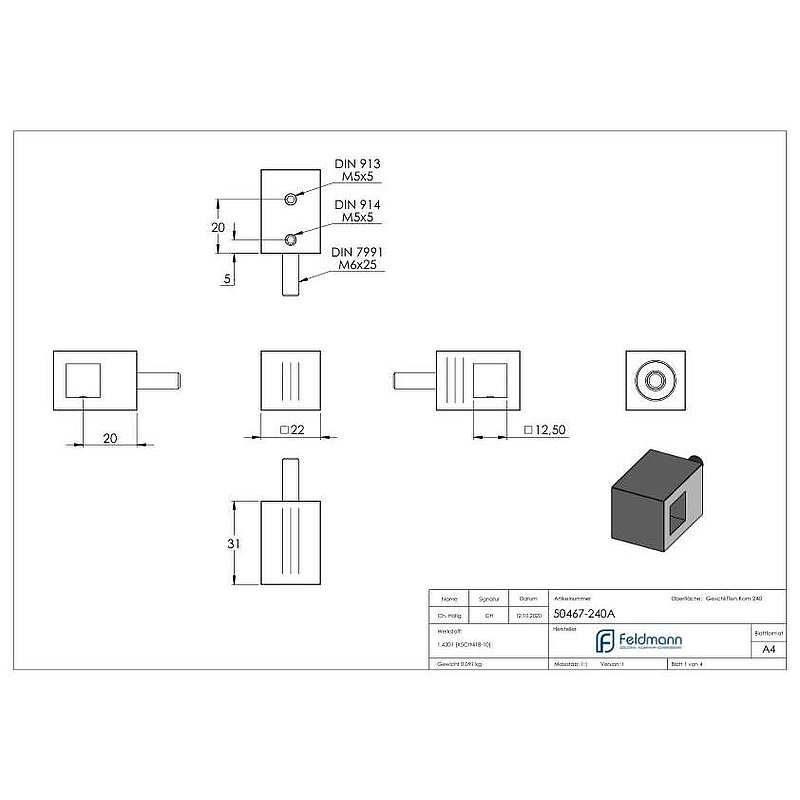 Cross bar holder for straight connection, 12x12mm square, AISI304