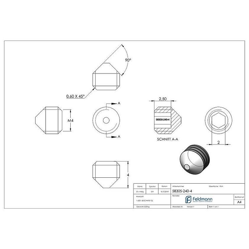 Gewindestift M4x4, V2A, DIN 914 / ISO 4027