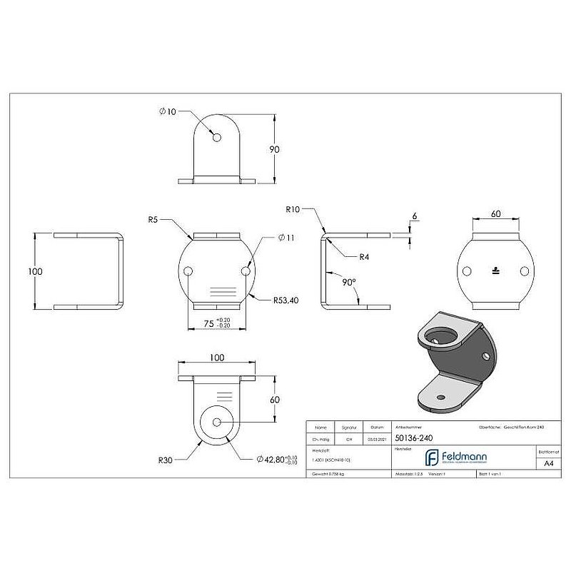 Wandbefestigung für Geländerpfosten 42,4mm, V2A
