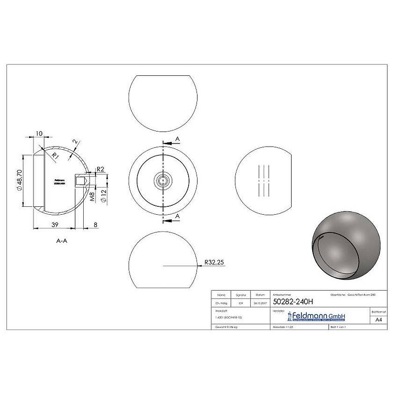 Rohrabschlusskugel hohl für 48,3mm Rohr, mit M8
