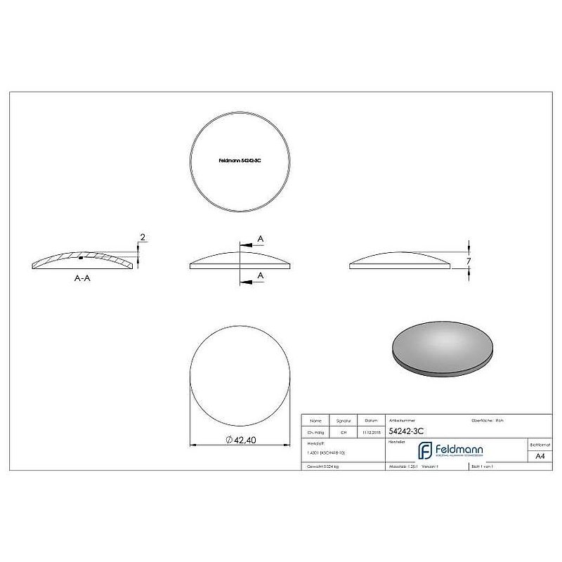 Gewölbte Schale Ø 42,4x2,0mm, H: 7mm, V2A