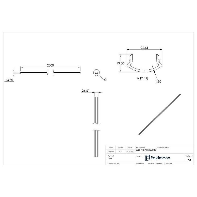 LED slotted tube LUNORA®, diffuse plastic cover for round slotted tube 42.4mm, PMMA, L: 2000mm