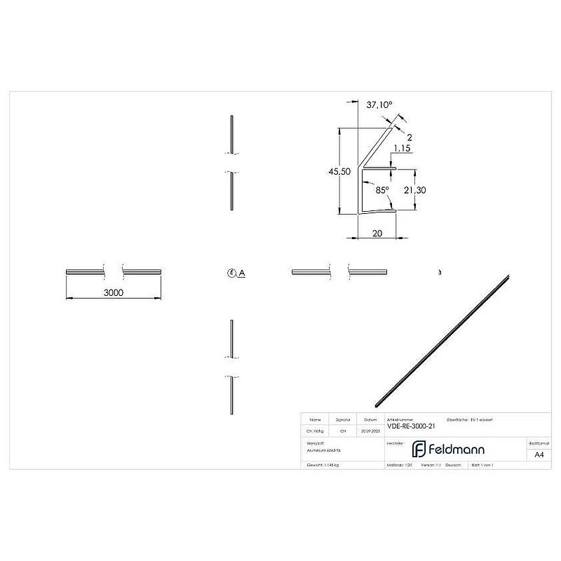 Gouttière pour auvent en verre de 21,52mm, L: 3000mm, E4/EV1