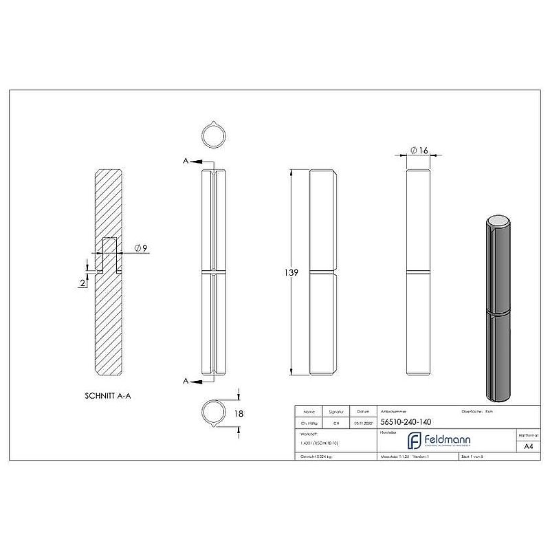 Anschweißband, L: 140mm, mit festem Stift, V2A
