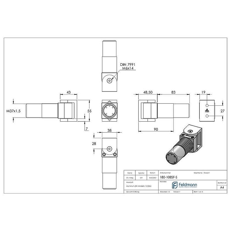 Door hinge self-closing without stop, end track, screwable