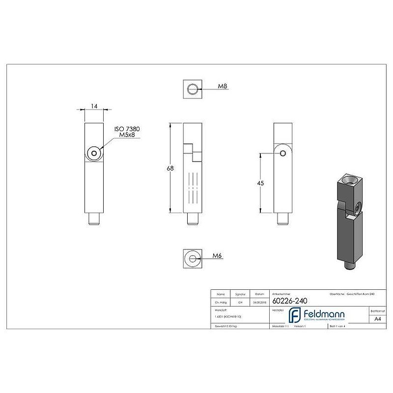Gelenkstift aus 14x14mm, L: 68mm, V2A