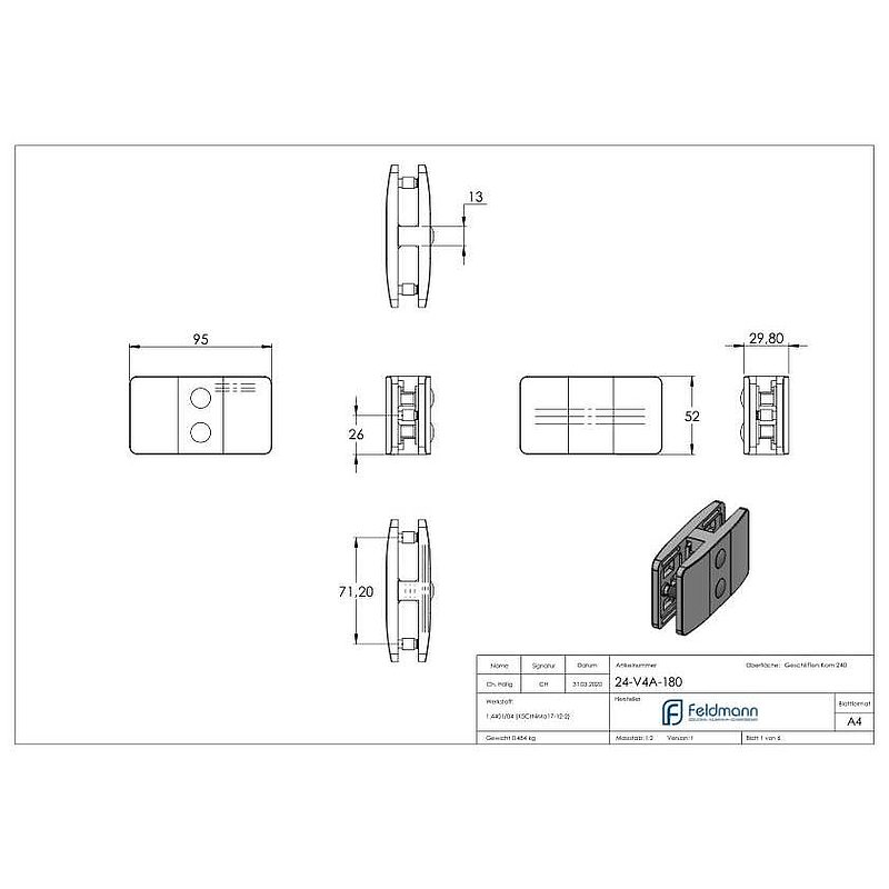 Glasklemme 180° Mod. 24, V4A