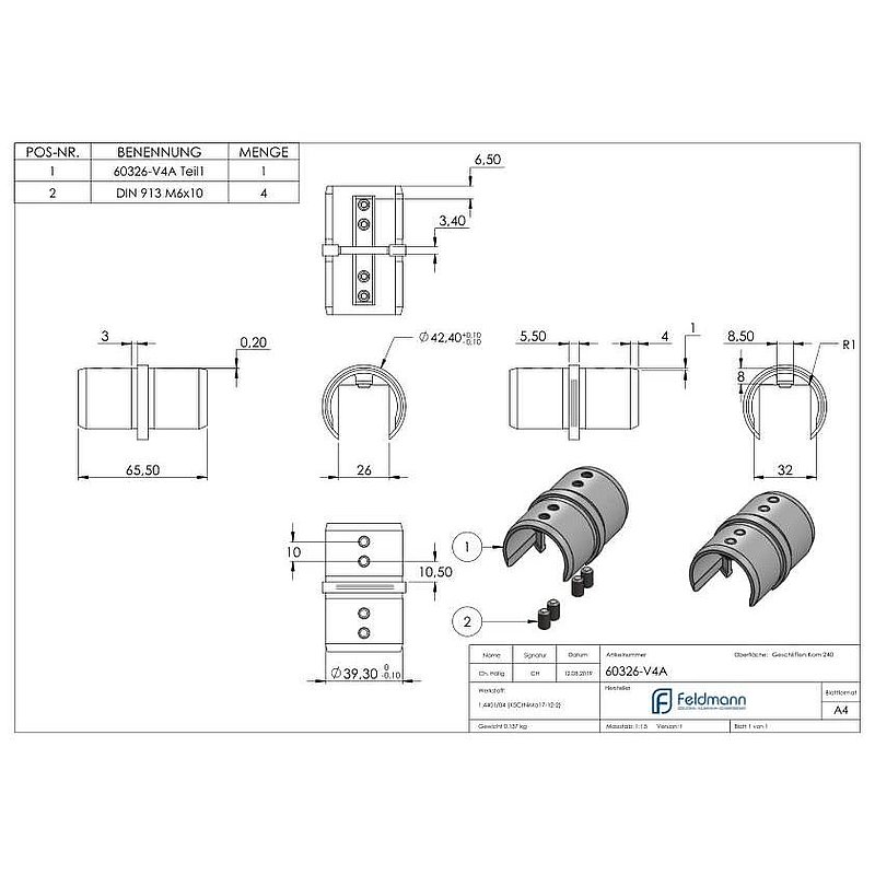 Raccord de jonction pour tube à fond de gorge Ø 42,4mm, V4A