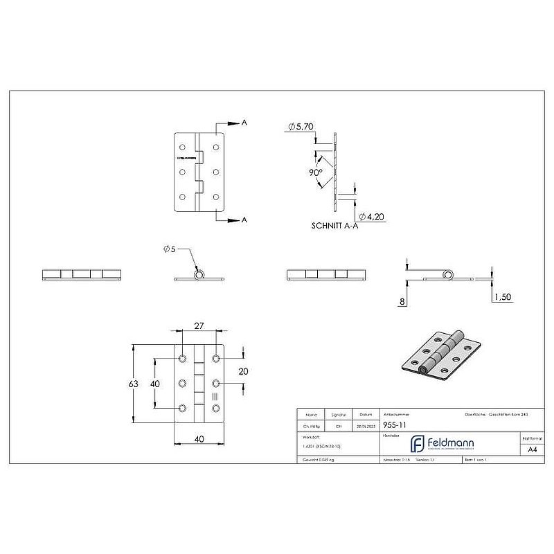 Edelstahl-Scharnier 63x40mm mit festem Zapfen
