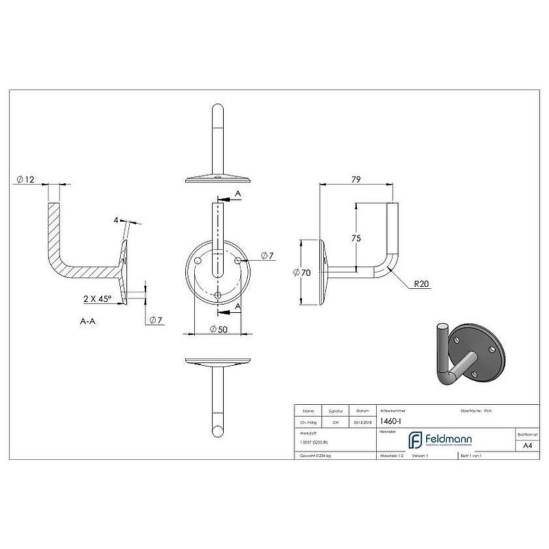 Handlaufträger mit Ronde gewölbt, 70x5mm