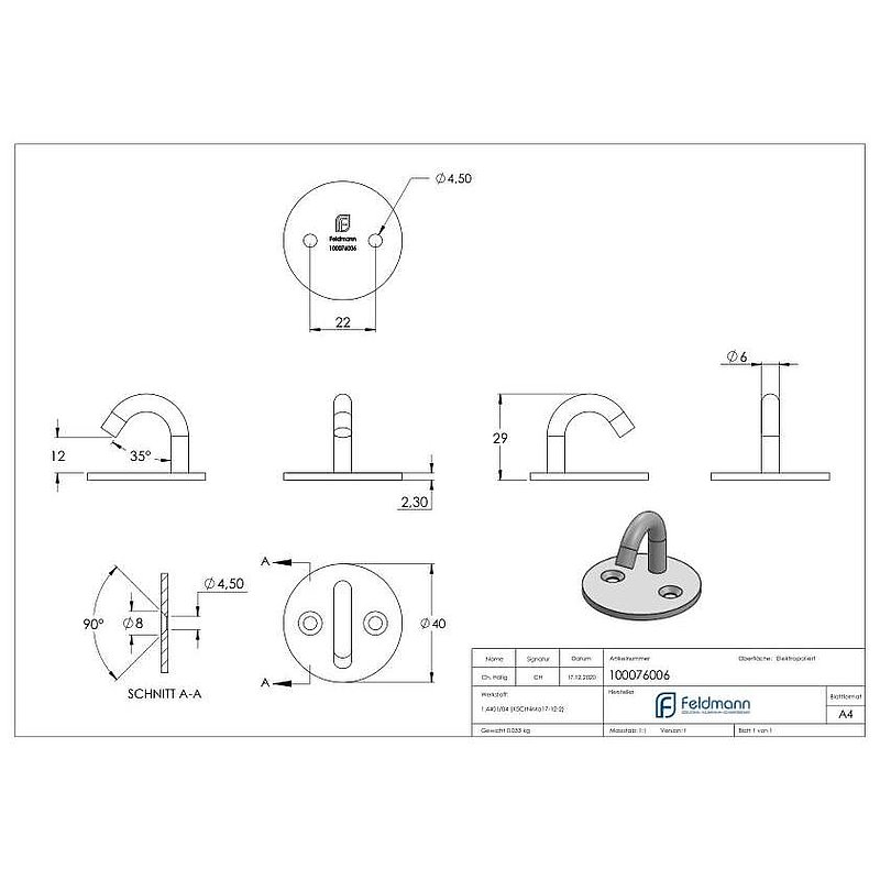 Fixing eye/hook with round plate AISI316