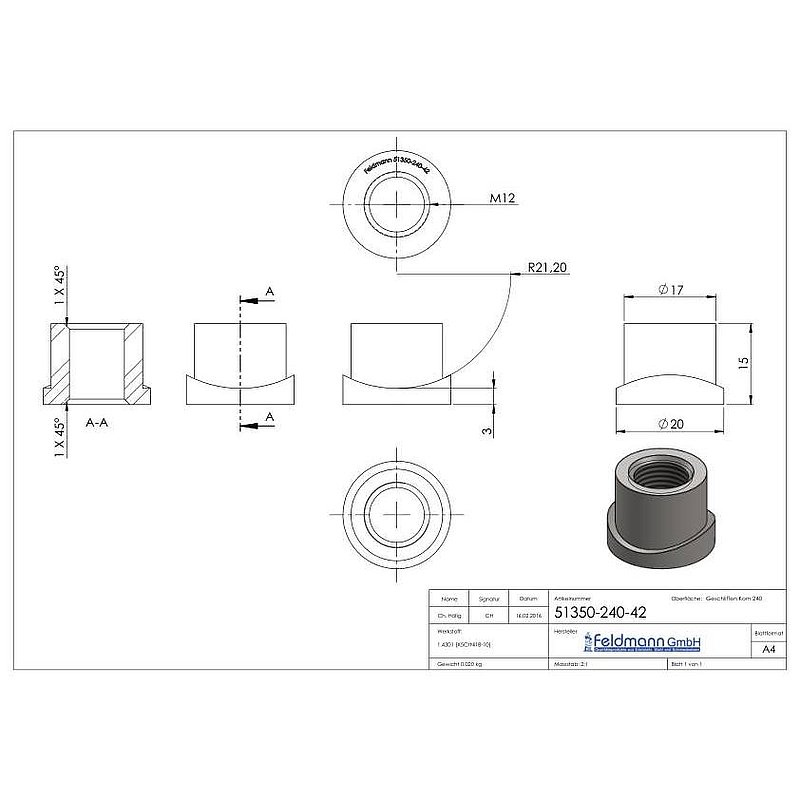 Gewindehülse, passend zu Torband 120-M12-VA, für Rohr 42,4mm, V2A