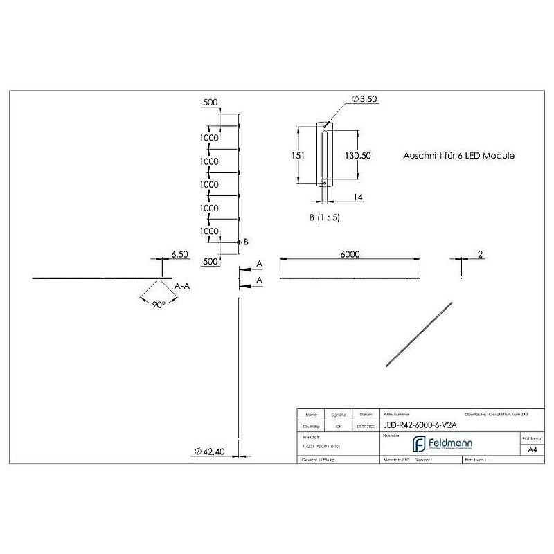 Stainless steel tube 42.4x2.0mm for LED modules, AISI304