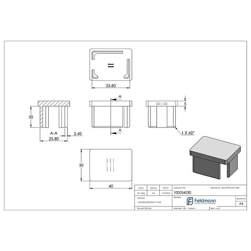 Push-in cap, for tube 40x30x2.0mm, AISI316