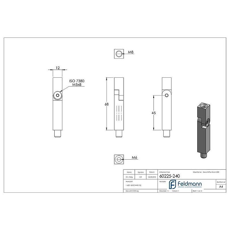 Gelenkstift aus 12x12mm, L: 68mm, V2A