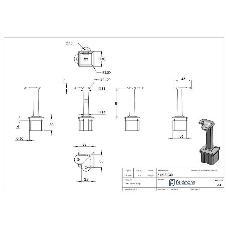 Bouchon d'extrémité, plaque de raccordement de mains courante 90° , pour tube 40x40x2mm, V2A