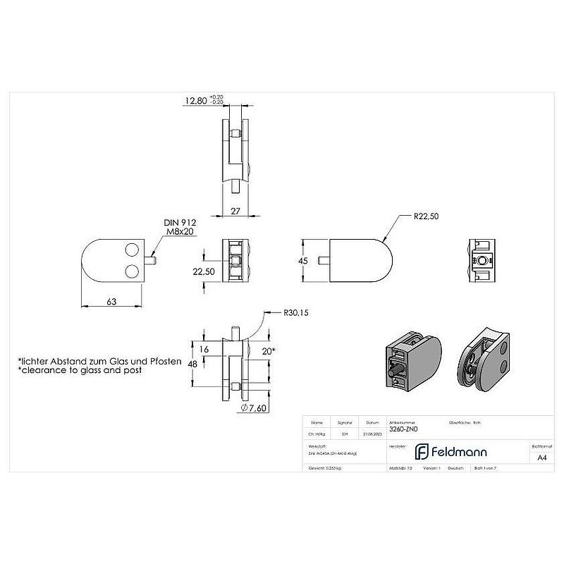 Glasklemme Mod. 32, Anschluss: 60,3mm, Zink roh