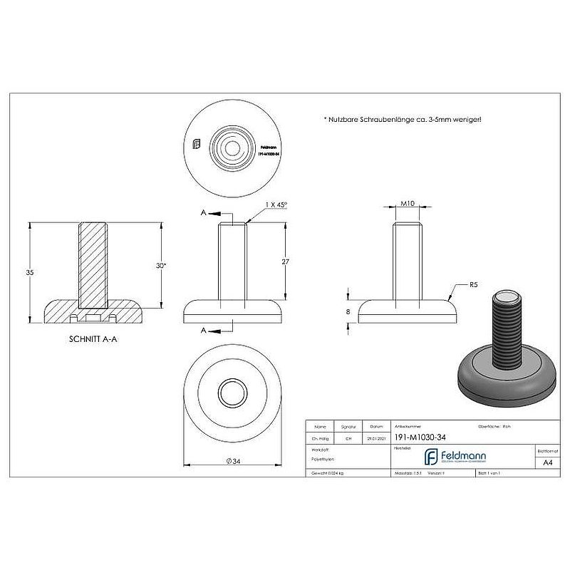Levelling foot with floor levelling screw M10x30