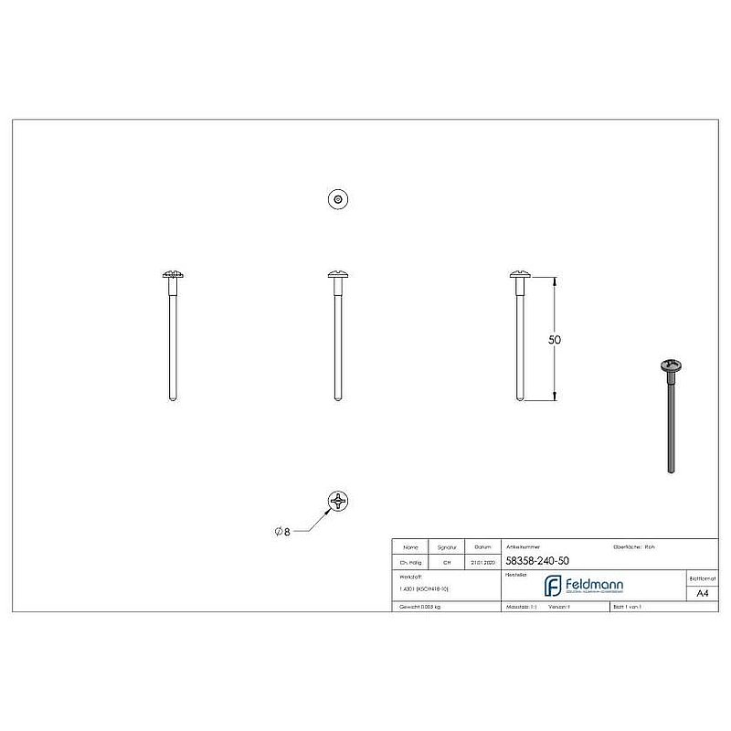Chipboard screw 4x50, ISO 88096, AISI304