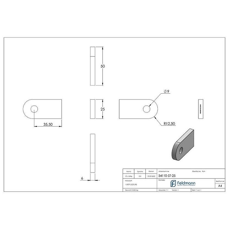 Weld-on bracket 50x25x6mm