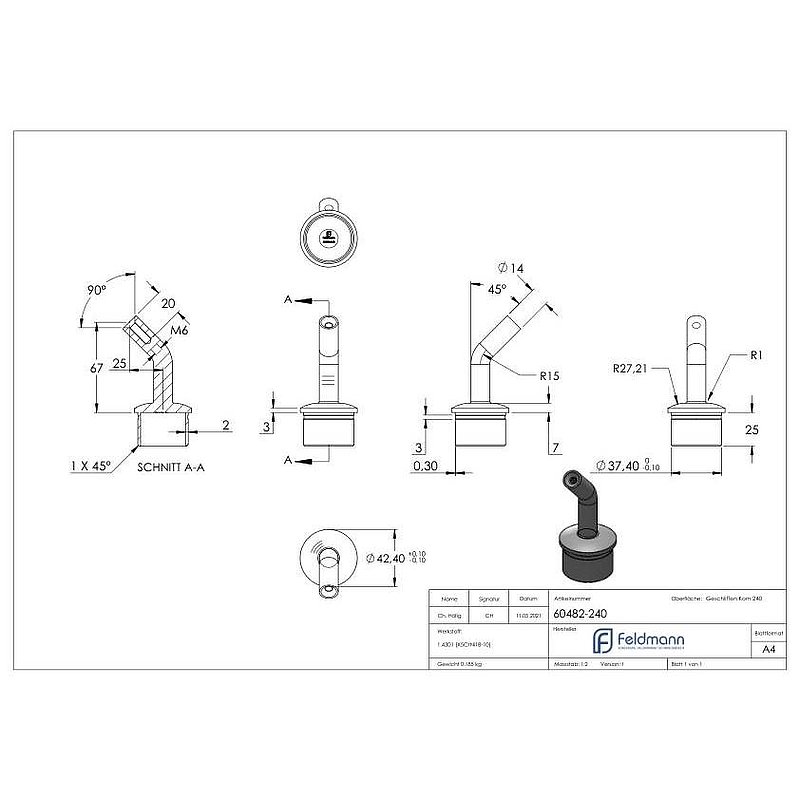 Rohrabschlussstopfen mit Stift 135°, für Rohr 42,4x2,5mm, V2A