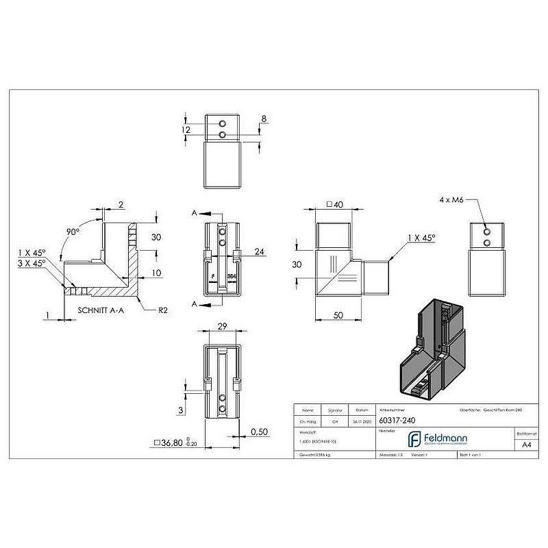 Raccord angle, vertical, pour tube à fond de gorge 40x40mm, V2A