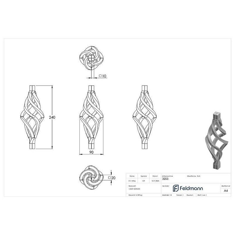 Twirled cone 4x10x10mm, 240x90mm